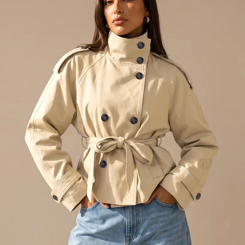 Katch Me Chic Women'S Versatile Stand Collar Button-Up Trench Coat with Detachable Waist Belt, Cozy Windproof Long Sleeve Outerwear for Fall & Winter, Commuter Solid Color Daily Outfit #Tiktokmademebuyit #Sohochic #Windbreaker