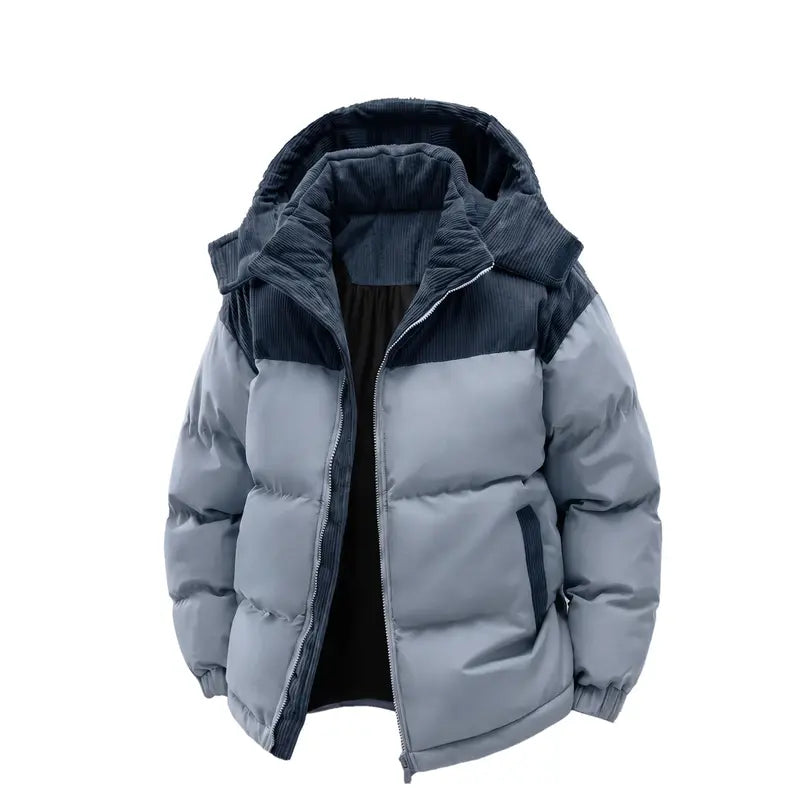 Men'S Hooded Thick Winter Jacket, Featuring a Patchwork Design. the Anti-Slip Filling Layer Effectively Prevents Shifting, and the Windproof Outer Fabric Can Retain Heat. It Is Suitable for Daily and Outdoor Wear in Cold Weather.