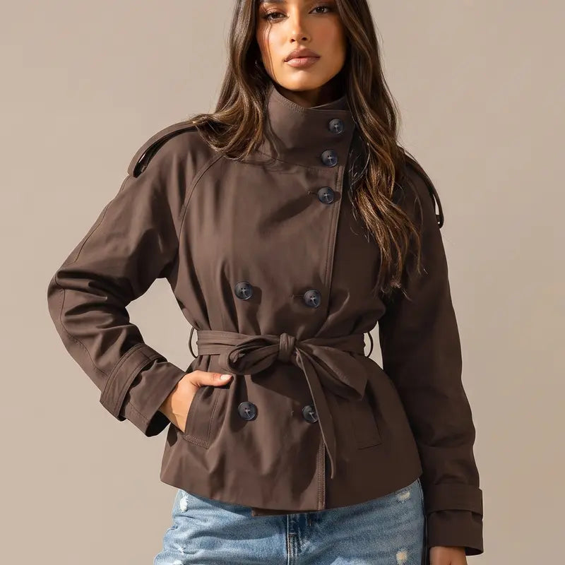 Katch Me Chic Women'S Versatile Stand Collar Button-Up Trench Coat with Detachable Waist Belt, Cozy Windproof Long Sleeve Outerwear for Fall & Winter, Commuter Solid Color Daily Outfit #Tiktokmademebuyit #Sohochic #Windbreaker