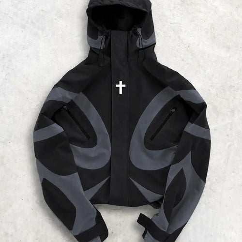 Men'S Retro Vintage Baggy Cross-Print Hooded Zip-Up Techwear Windbreaker Jacket - Textured Woven Fabric, Waterproof, Long-Sleeve, Lightweight, Unisex Fit, Patchwork, Outdoor/Biker Streetwear, Work Top