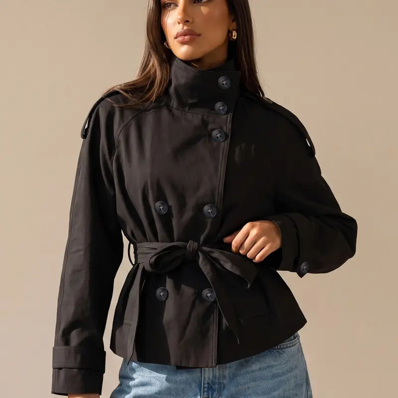 Katch Me Chic Women'S Versatile Stand Collar Button-Up Trench Coat with Detachable Waist Belt, Cozy Windproof Long Sleeve Outerwear for Fall & Winter, Commuter Solid Color Daily Outfit #Tiktokmademebuyit #Sohochic #Windbreaker