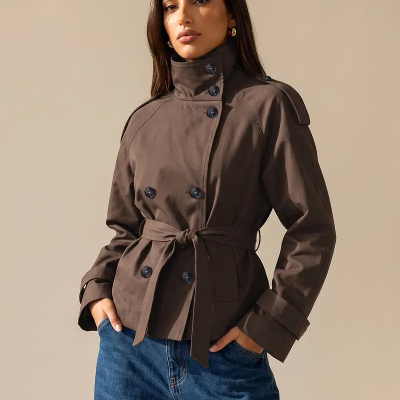 Katch Me Chic Women'S Versatile Stand Collar Button-Up Trench Coat with Detachable Waist Belt, Cozy Windproof Long Sleeve Outerwear for Fall & Winter, Commuter Solid Color Daily Outfit #Tiktokmademebuyit #Sohochic #Windbreaker