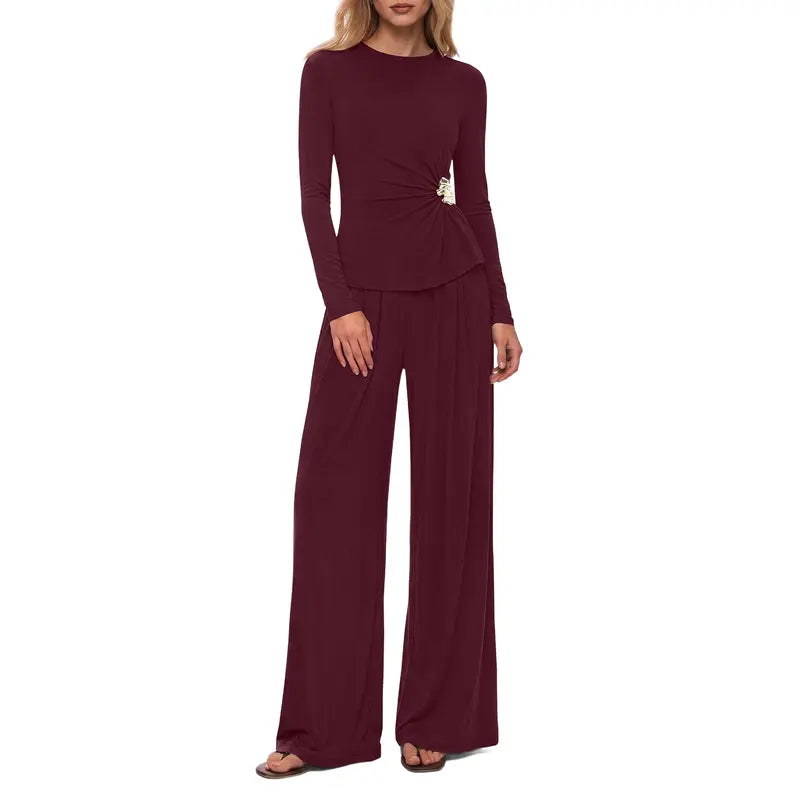 BTFBM Womens Casual Lounge Sets 2-Piece Outfit Crew Neck Long Sleeve Tops Wide Leg Pants Loose Fit Airport Vacation Fall Fashion 2026