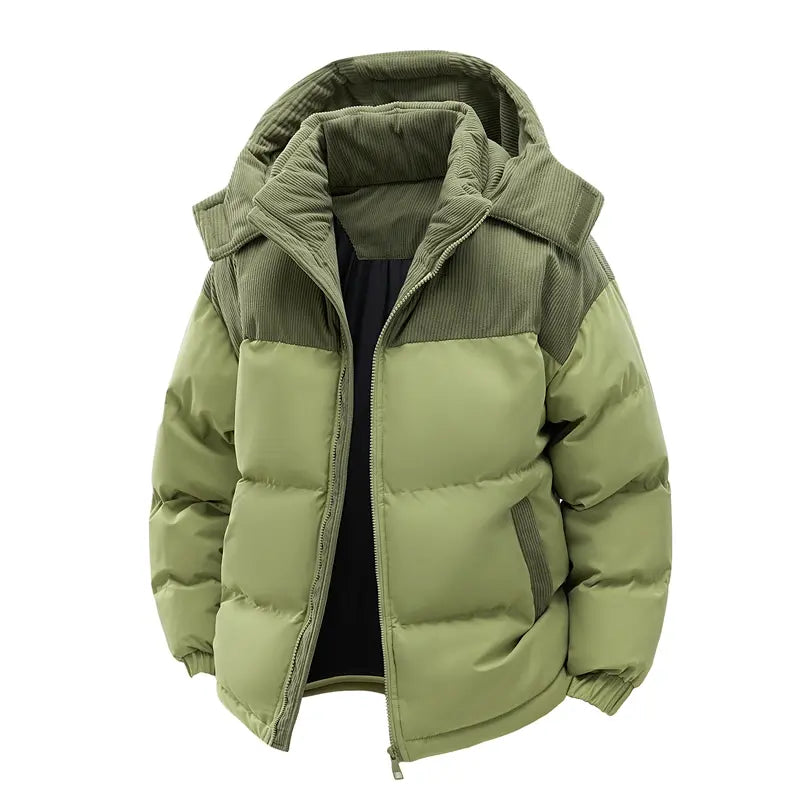Men'S Hooded Thick Winter Jacket, Featuring a Patchwork Design. the Anti-Slip Filling Layer Effectively Prevents Shifting, and the Windproof Outer Fabric Can Retain Heat. It Is Suitable for Daily and Outdoor Wear in Cold Weather.