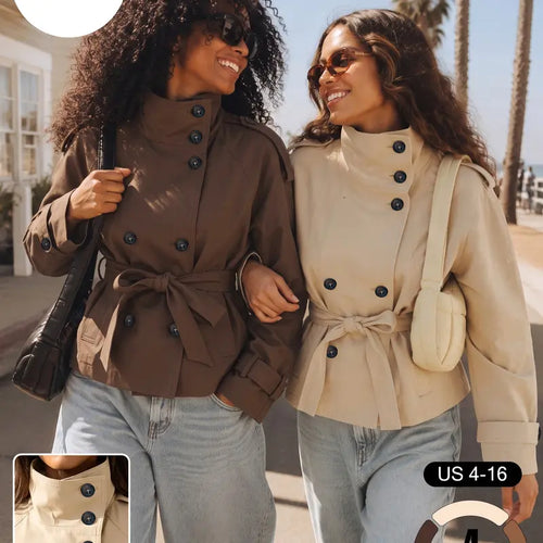 Katch Me Chic Women'S Versatile Stand Collar Button-Up Trench Coat with Detachable Waist Belt, Cozy Windproof Long Sleeve Outerwear for Fall & Winter, Commuter Solid Color Daily Outfit #Tiktokmademebuyit #Sohochic #Windbreaker