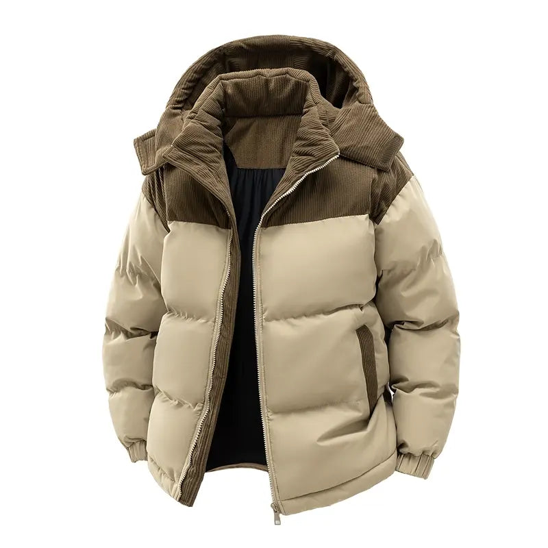 Men'S Hooded Thick Winter Jacket, Featuring a Patchwork Design. the Anti-Slip Filling Layer Effectively Prevents Shifting, and the Windproof Outer Fabric Can Retain Heat. It Is Suitable for Daily and Outdoor Wear in Cold Weather.