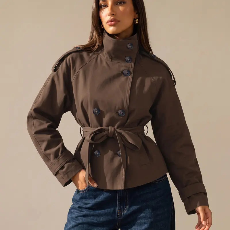 Katch Me Chic Women'S Versatile Stand Collar Button-Up Trench Coat with Detachable Waist Belt, Cozy Windproof Long Sleeve Outerwear for Fall & Winter, Commuter Solid Color Daily Outfit #Tiktokmademebuyit #Sohochic #Windbreaker