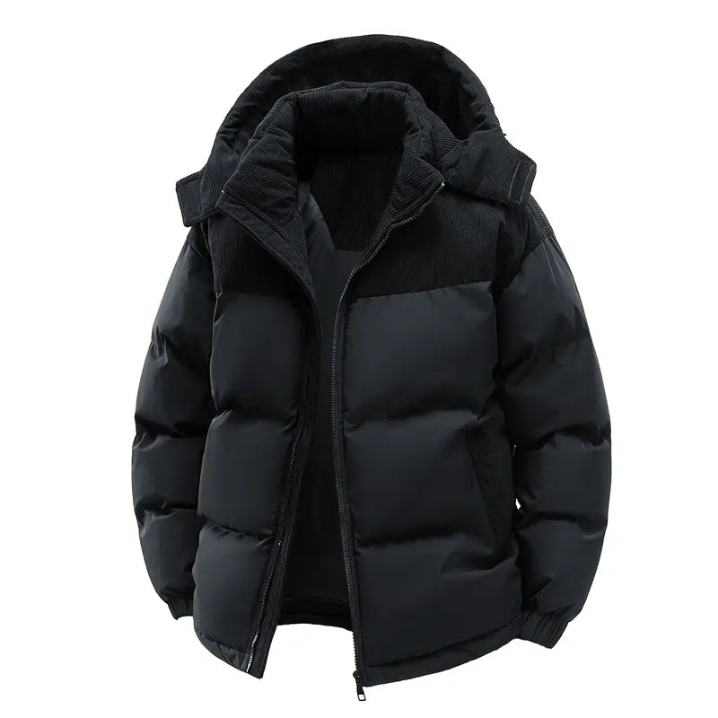 Men'S Hooded Thick Winter Jacket, Featuring a Patchwork Design. the Anti-Slip Filling Layer Effectively Prevents Shifting, and the Windproof Outer Fabric Can Retain Heat. It Is Suitable for Daily and Outdoor Wear in Cold Weather.