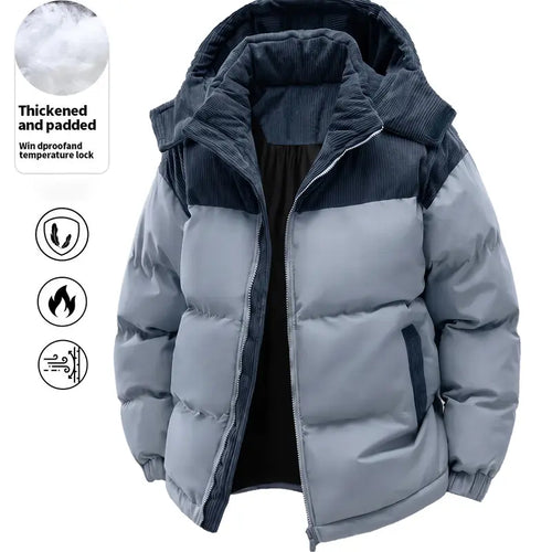 Men'S Hooded Thick Winter Jacket, Featuring a Patchwork Design. the Anti-Slip Filling Layer Effectively Prevents Shifting, and the Windproof Outer Fabric Can Retain Heat. It Is Suitable for Daily and Outdoor Wear in Cold Weather.